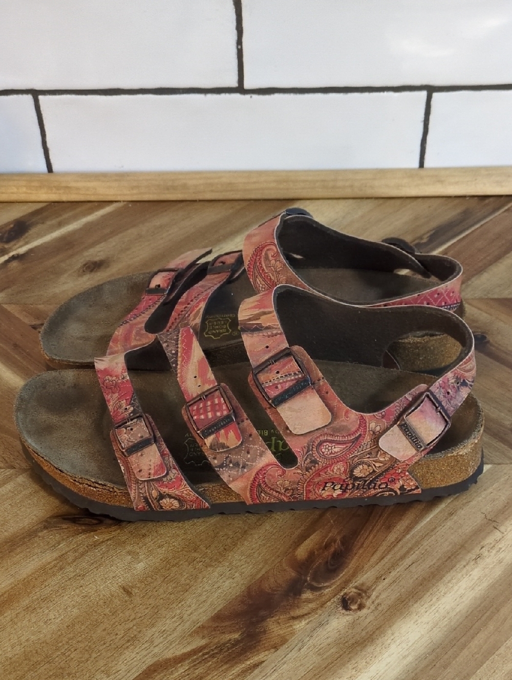 Birkenstock Papillio Pink and Coral Paisley Triple- Strap Sandals